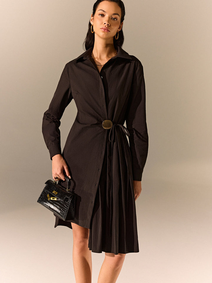 Asymmetric Pleated Hem Shirt Dress