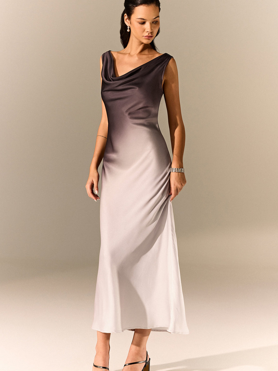 Ombre Satin Cowl Neck Maxi Dress