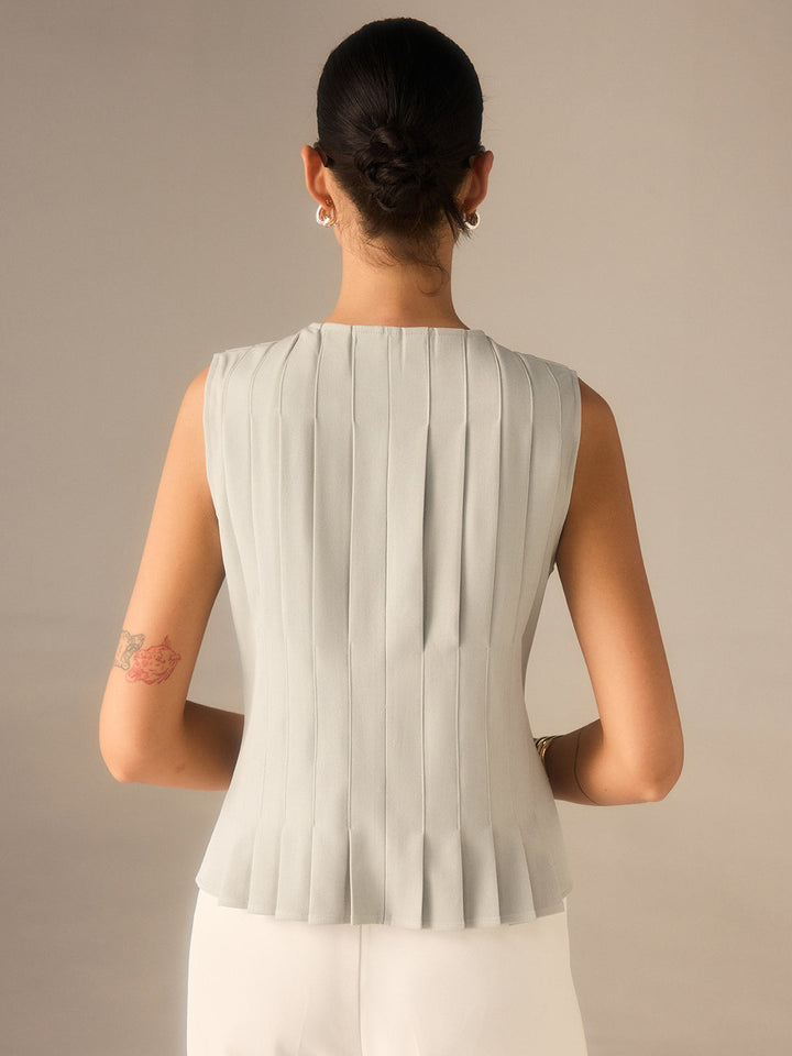 Pleated V-Neck Top with Metal Detail