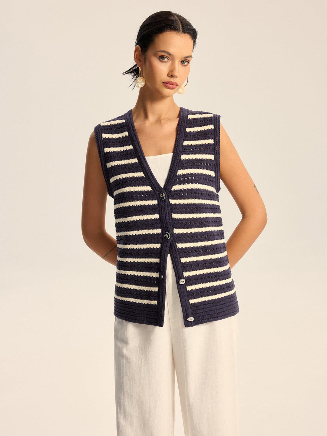 Striped Knitted Button Vest