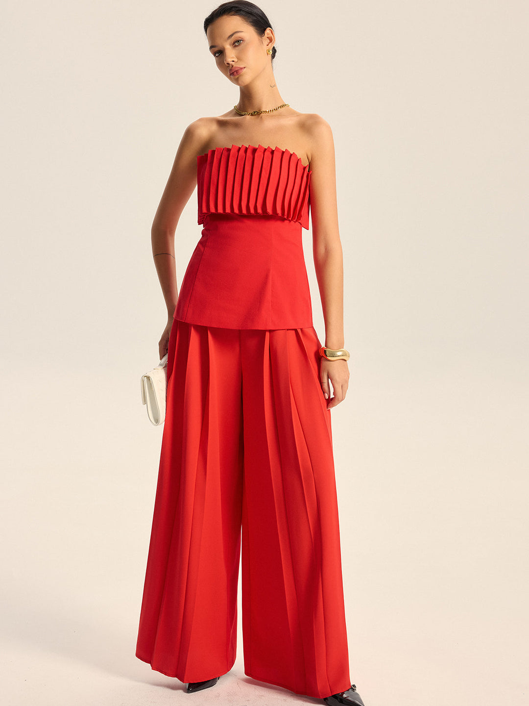 Cotton Blend Strapless Pleated Top