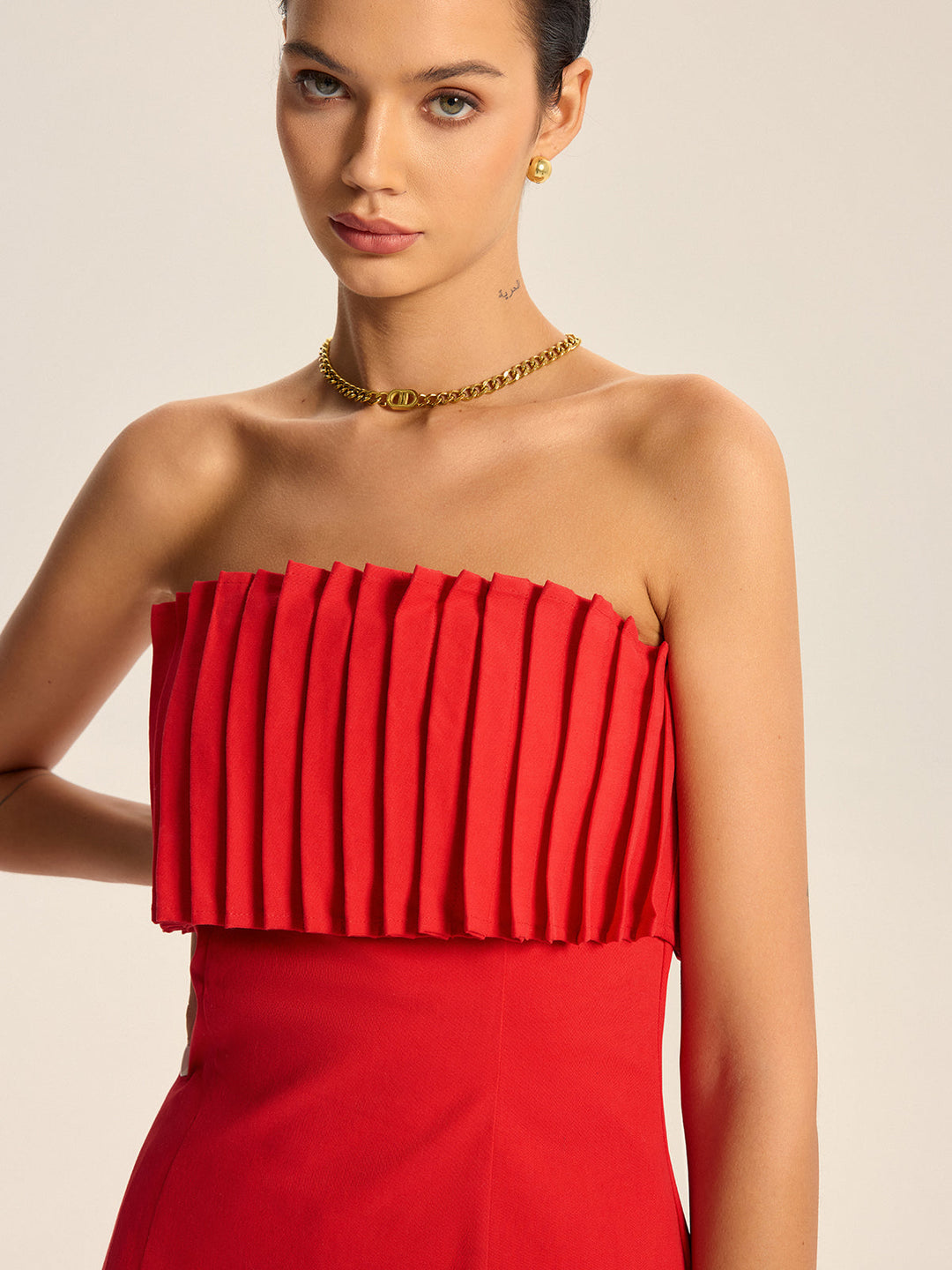 Cotton Blend Strapless Pleated Top