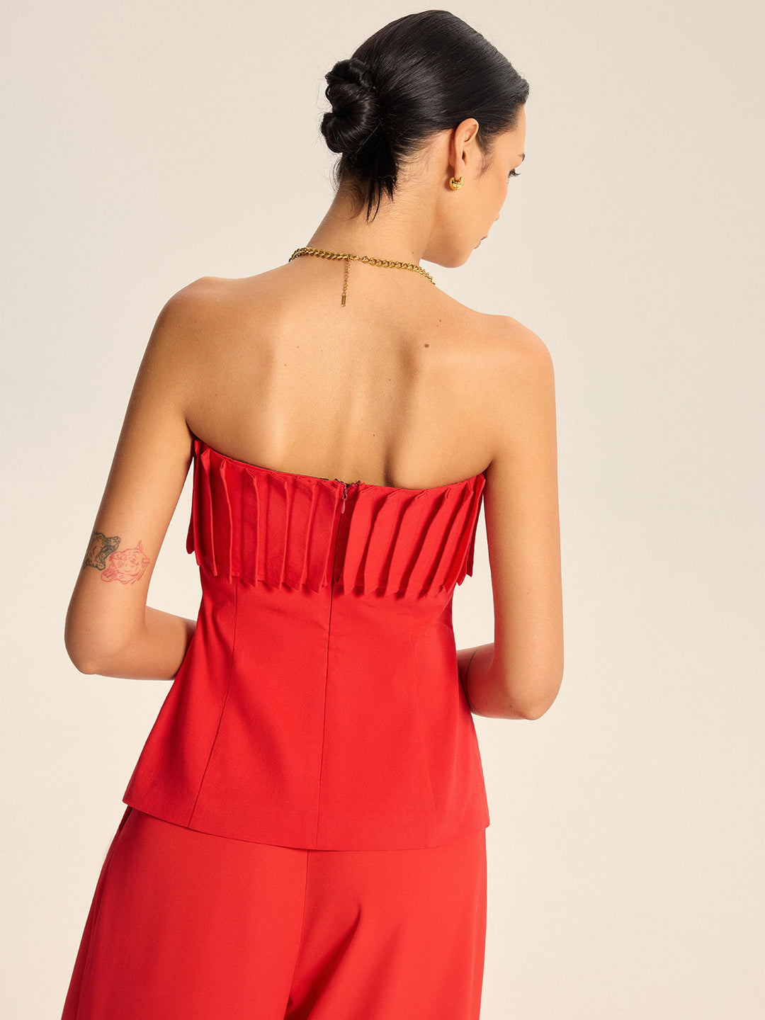Cotton Blend Strapless Pleated Top