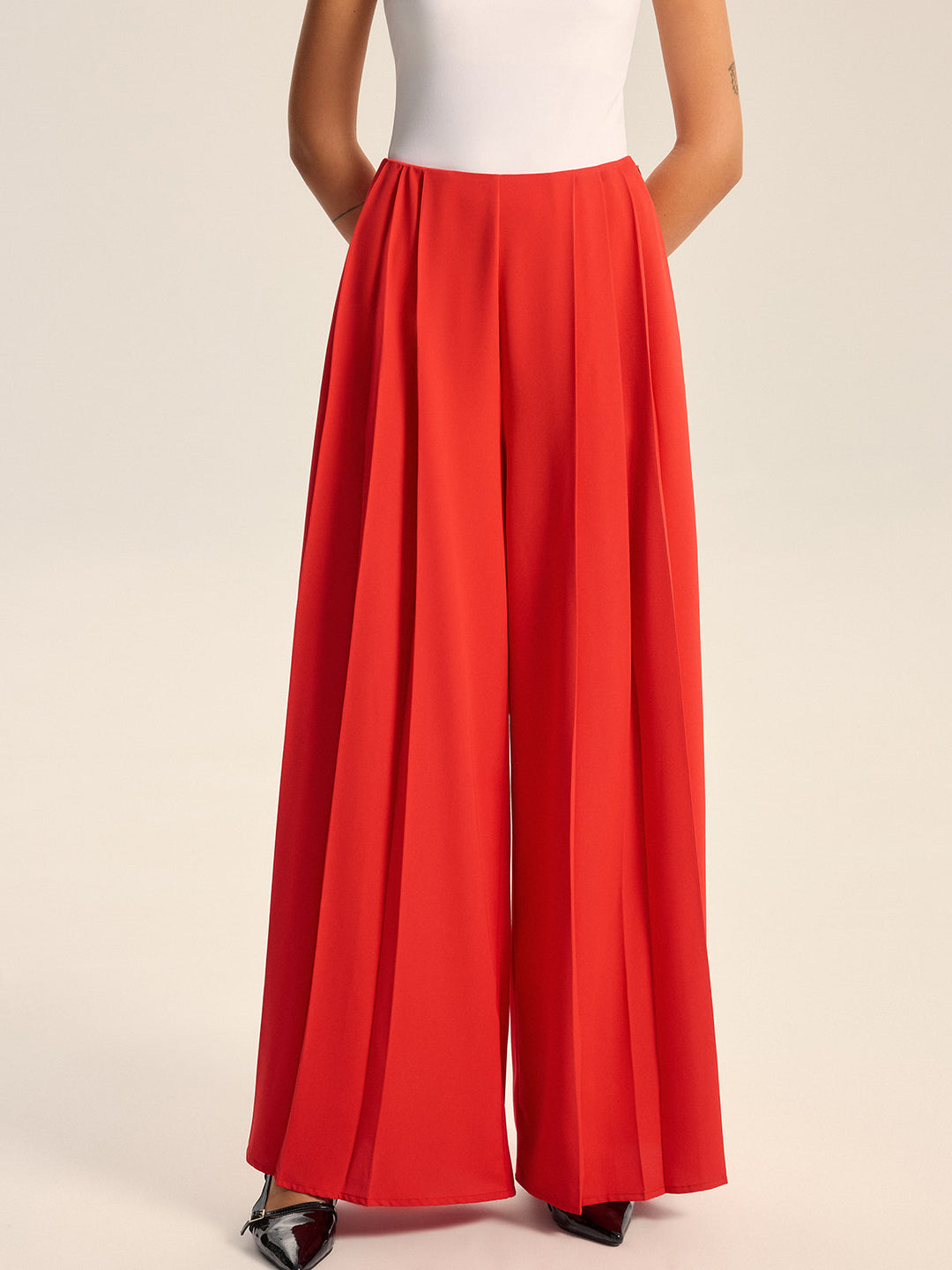 Mid-Waist Pleated Wide-Leg Pants