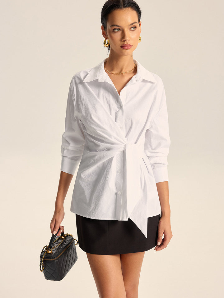 Cotton Asymmetric Tie-Waist Shirt