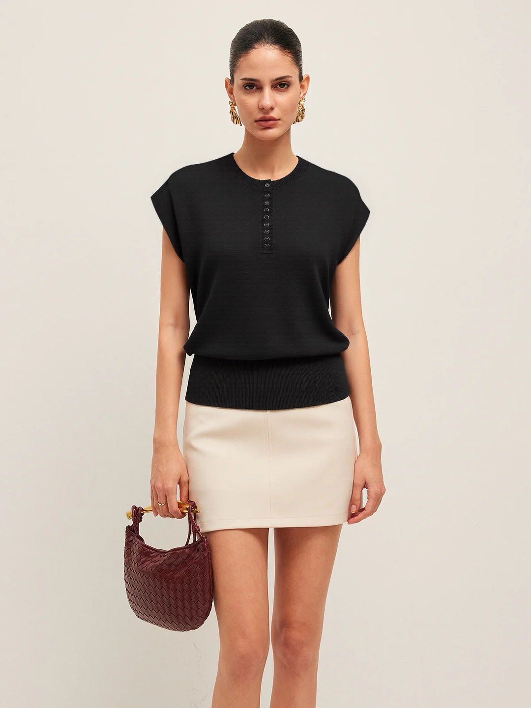 Cap Sleeve Button Cinched Knit Top