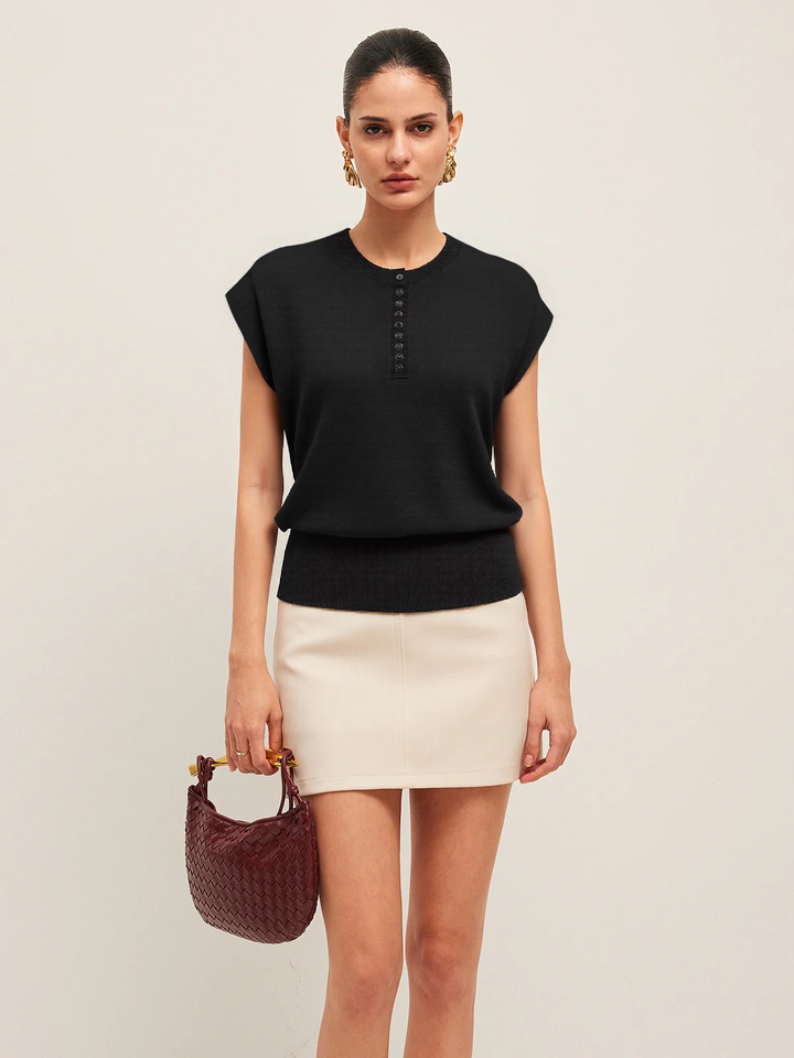 Cap Sleeve Button Cinched Knit Top