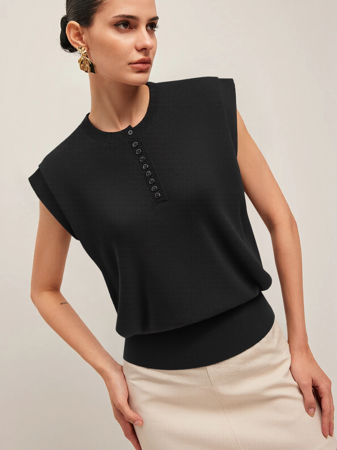 Cap Sleeve Button Cinched Knit Top