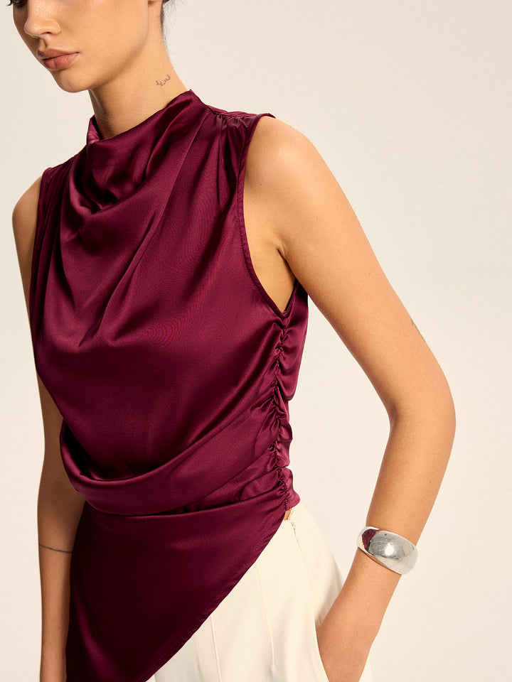Satin Cowl Neck Asymmetric Hem Top with Back Zipper