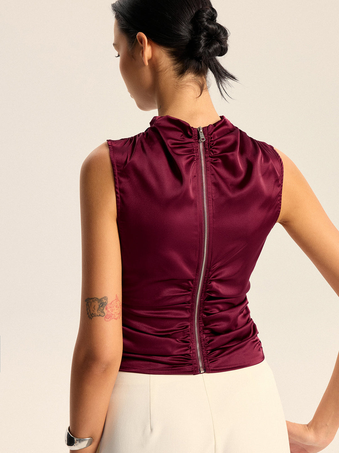 Satin Cowl Neck Asymmetric Hem Top with Back Zipper