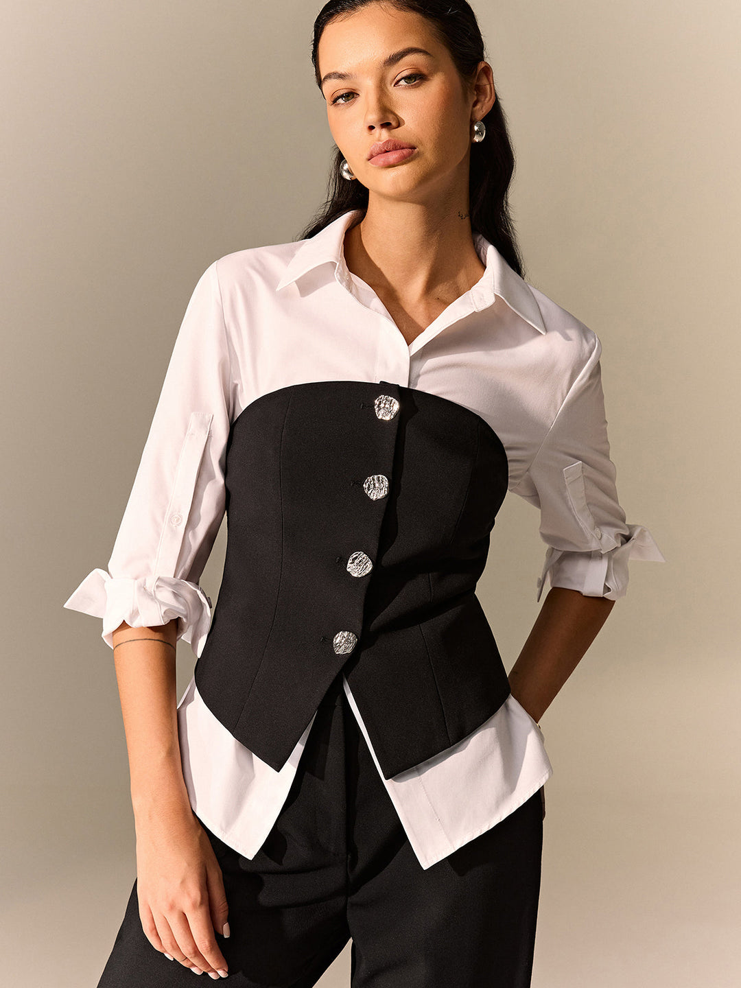 Button Corset and Long-Sleeve Shirt Set