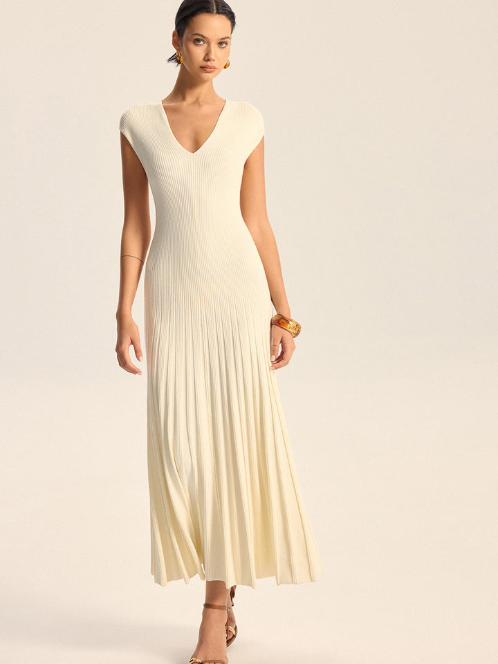 Ribbed Knit V-Neck Midi Dress Without Belt