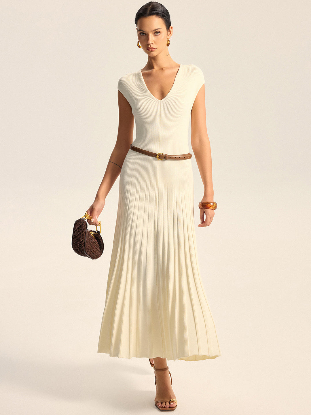 Ribbed Knit V-Neck Midi Dress Without Belt
