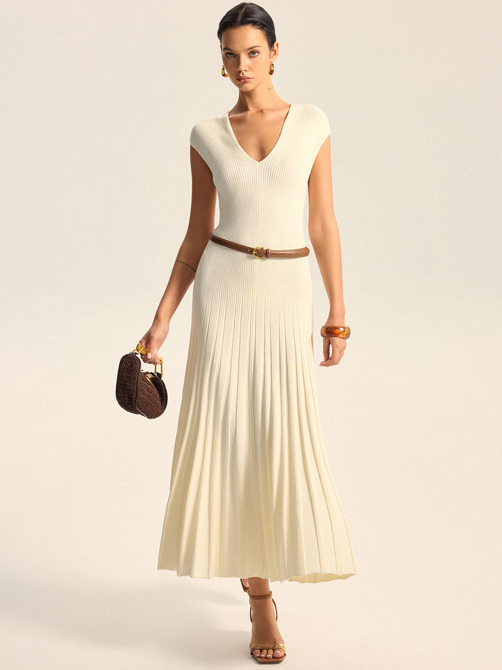 Ribbed Knit V-Neck Midi Dress Without Belt