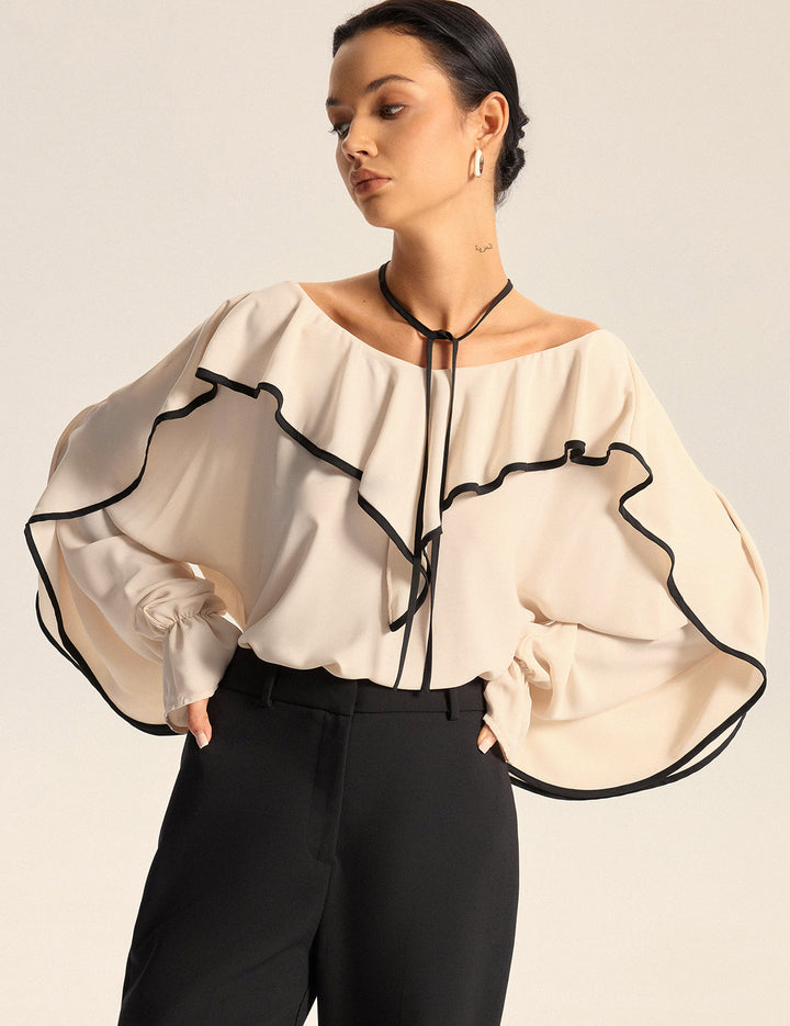 Contrast Trim Ruffle Collar Blouse