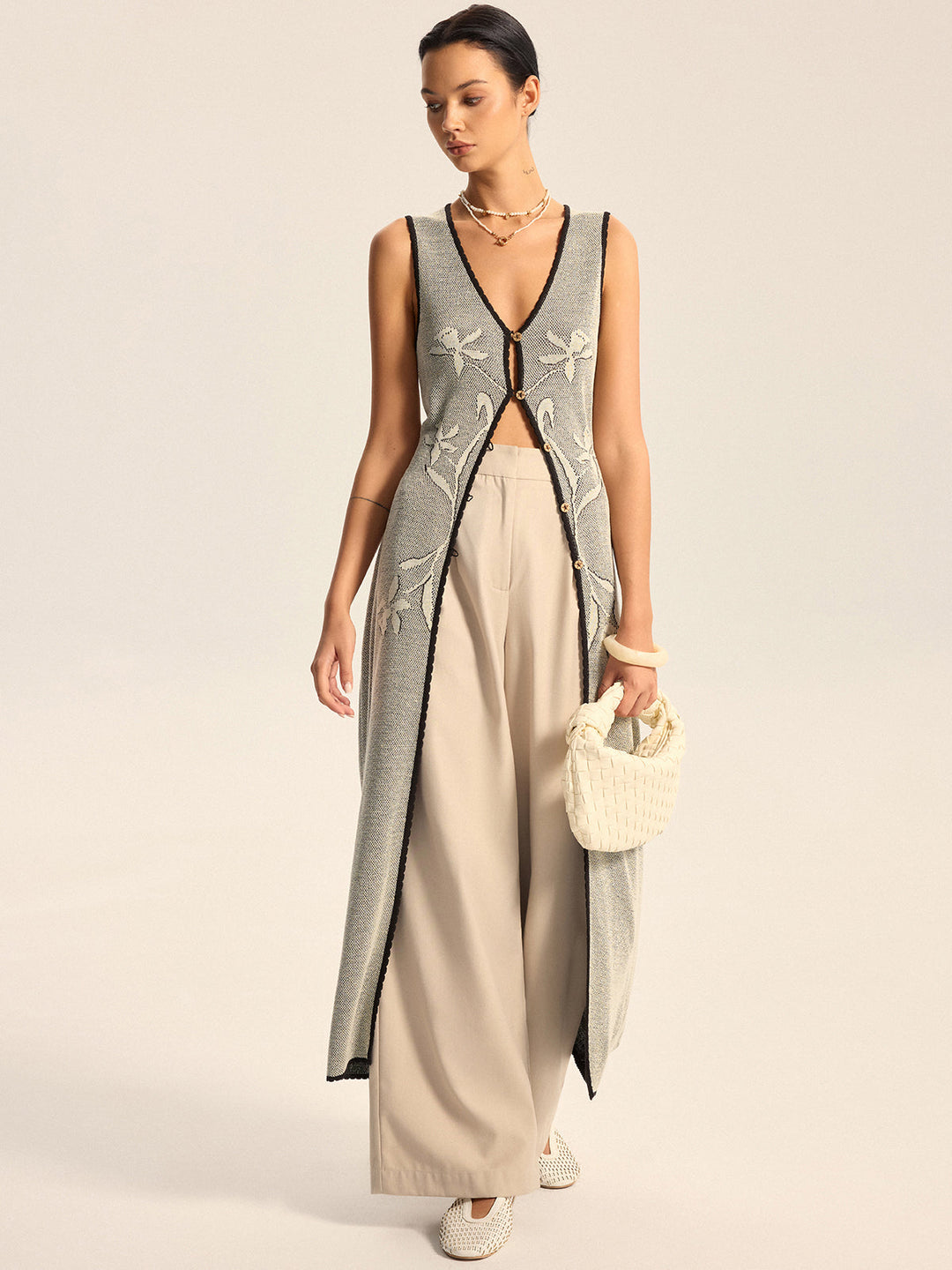 Floral Contrast Trim Knit Maxi Vest