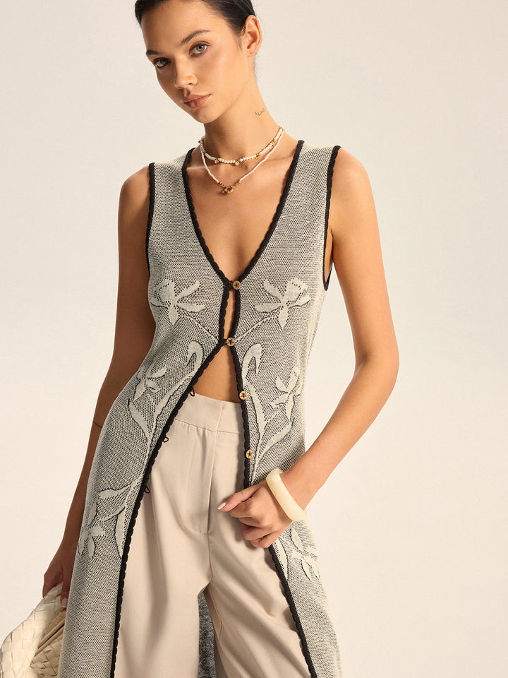 Floral Contrast Trim Knit Maxi Vest