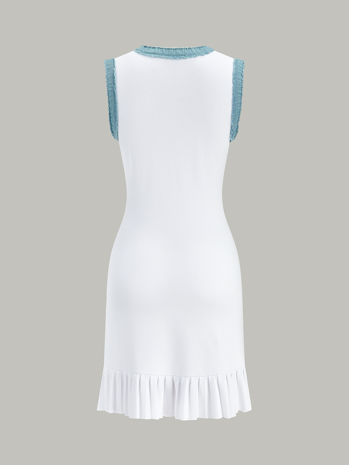 Denim Trim Button-Front Ruffle Hem Midi Dress