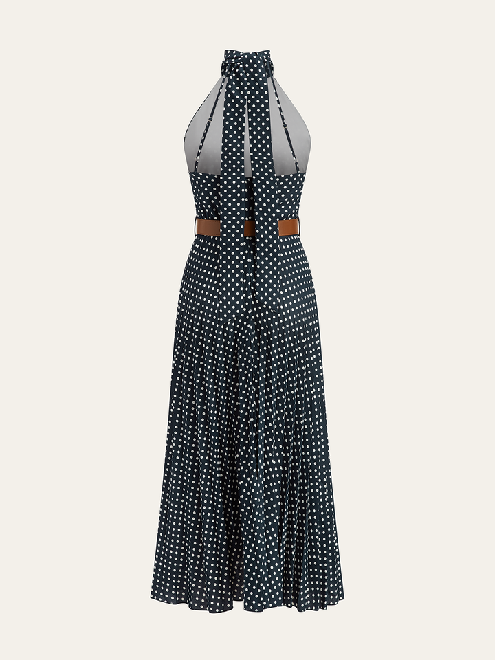 Polka Dot Halter Neck Belted Midi Dress
