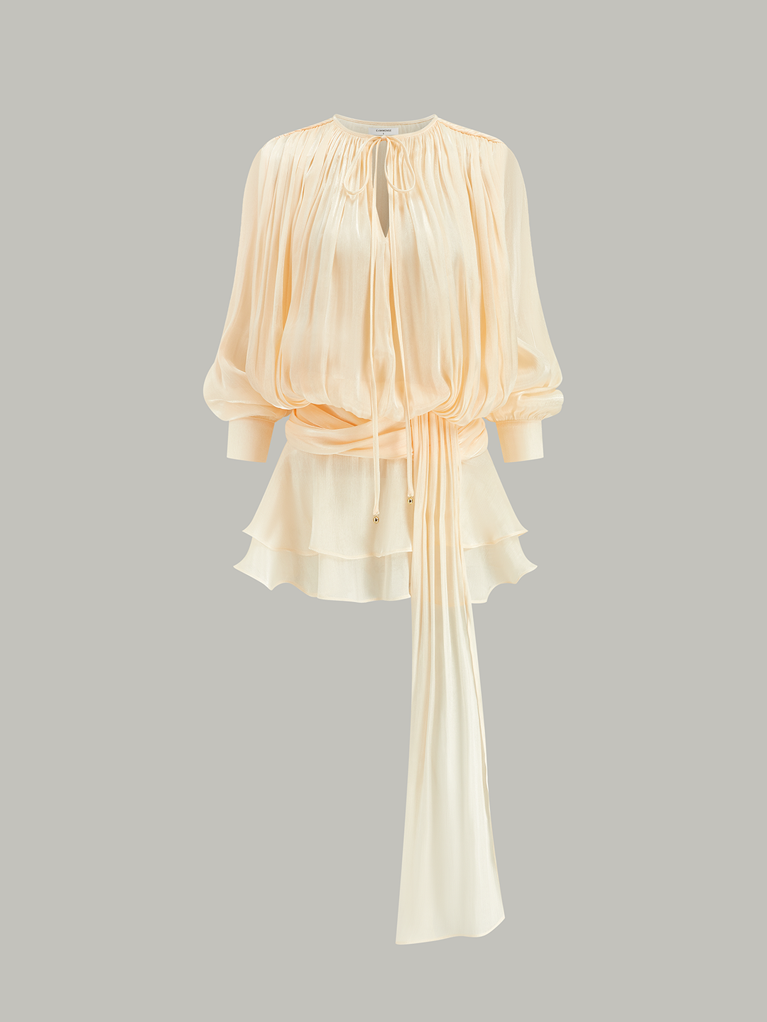 Semi-Sheer Tiered Draped Tie-Waist Mini Dresse