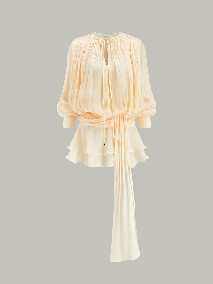 Semi-Sheer Tiered Draped Tie-Waist Mini Dresse
