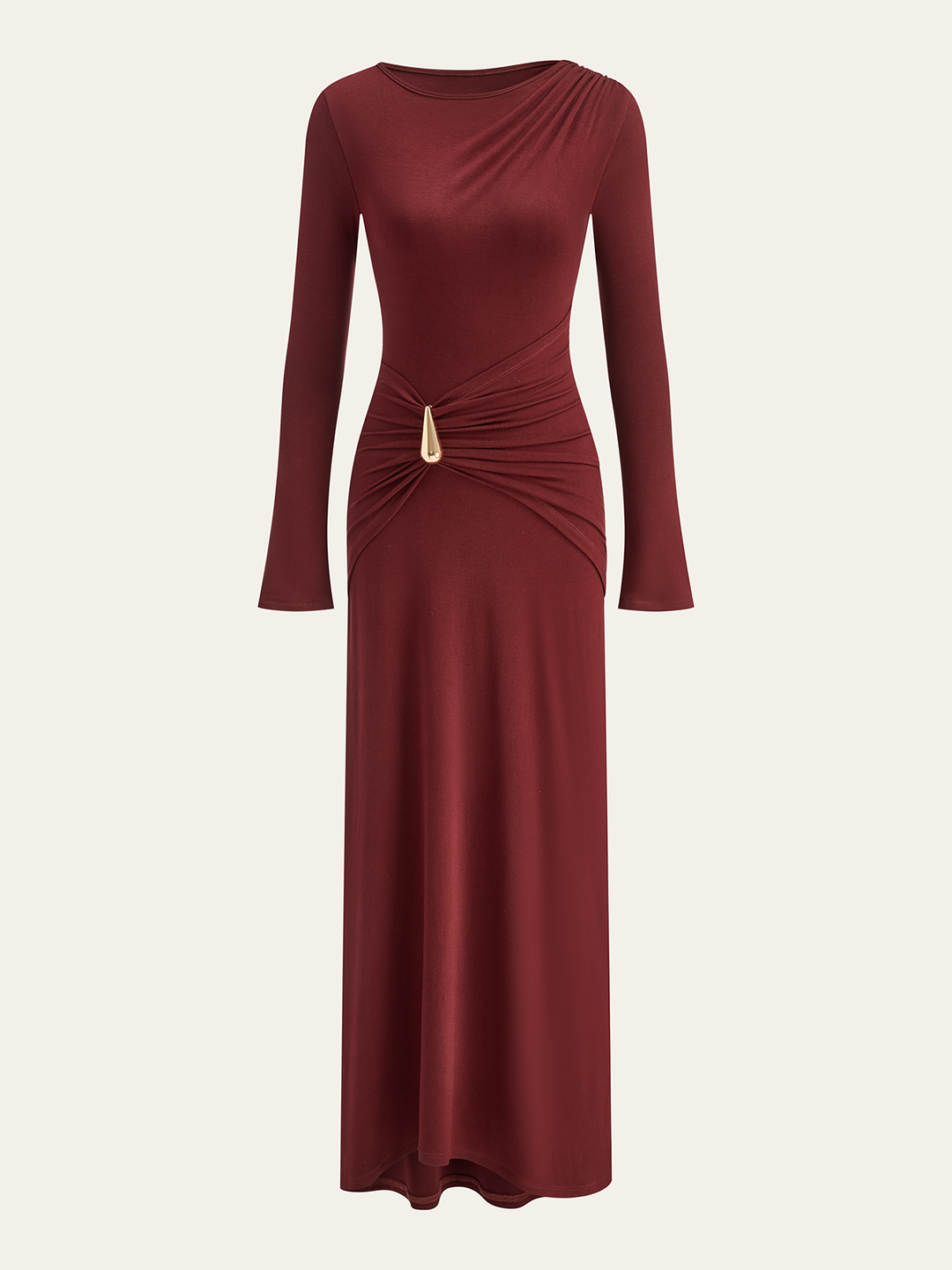 Metal Buckle Long Sleeve Ruched Maxi Dress
