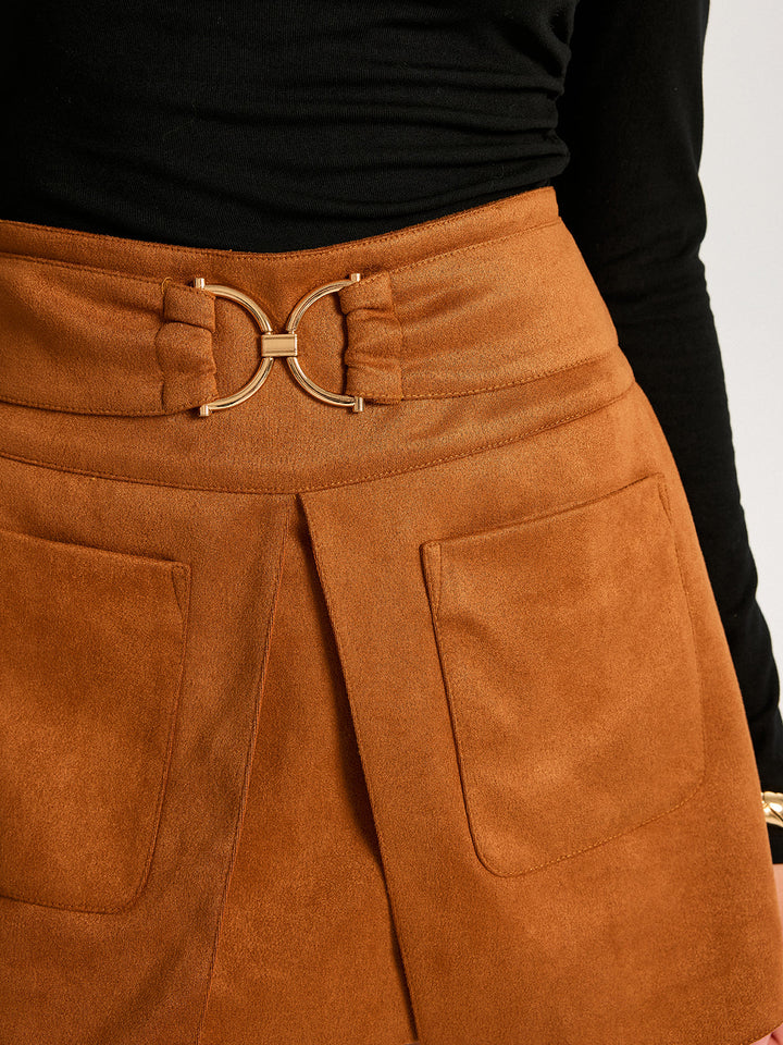 Metal Buckle Slit Suede Mini Skirt