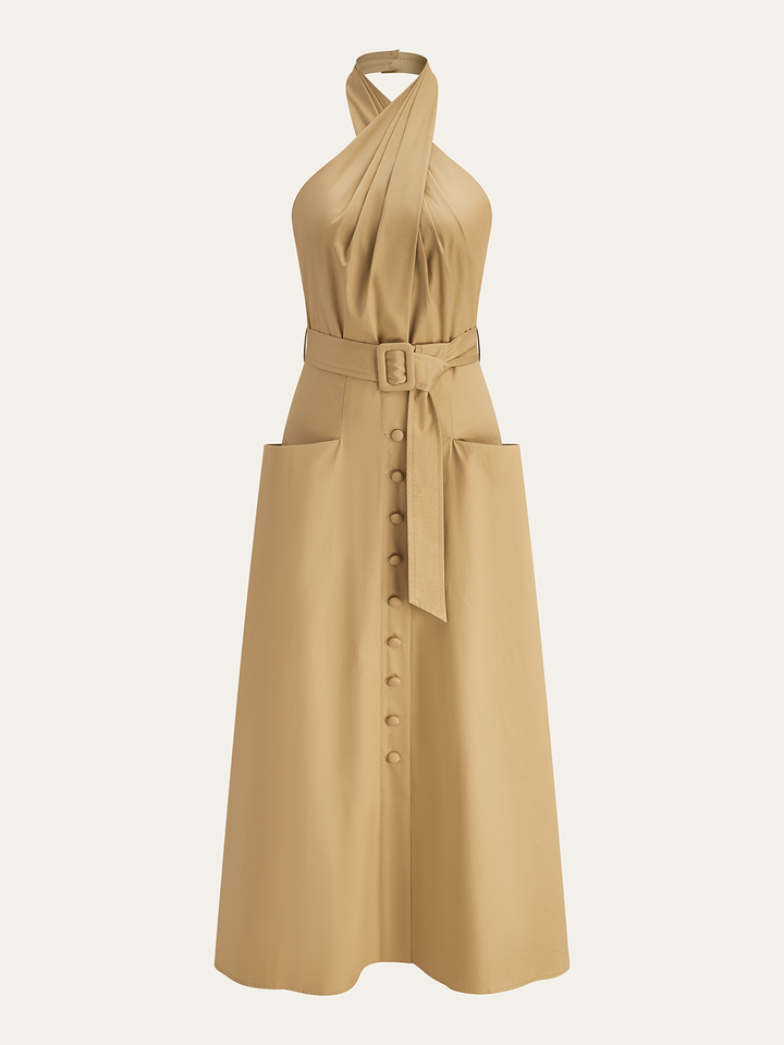 Cotton Pleated Halter Neck Belted Midi Dress