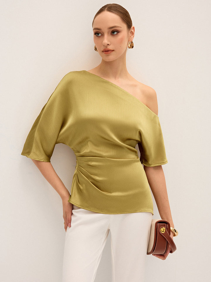 Satin One-Shoulder Ruched Top