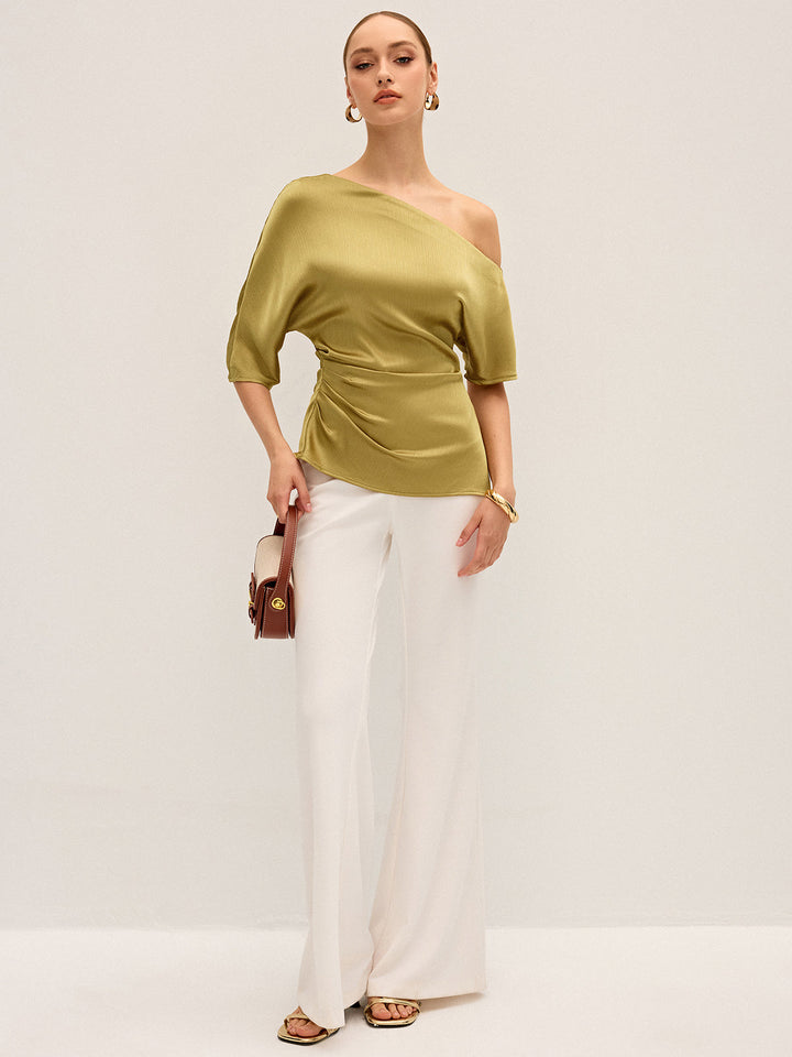 Satin One-Shoulder Ruched Top