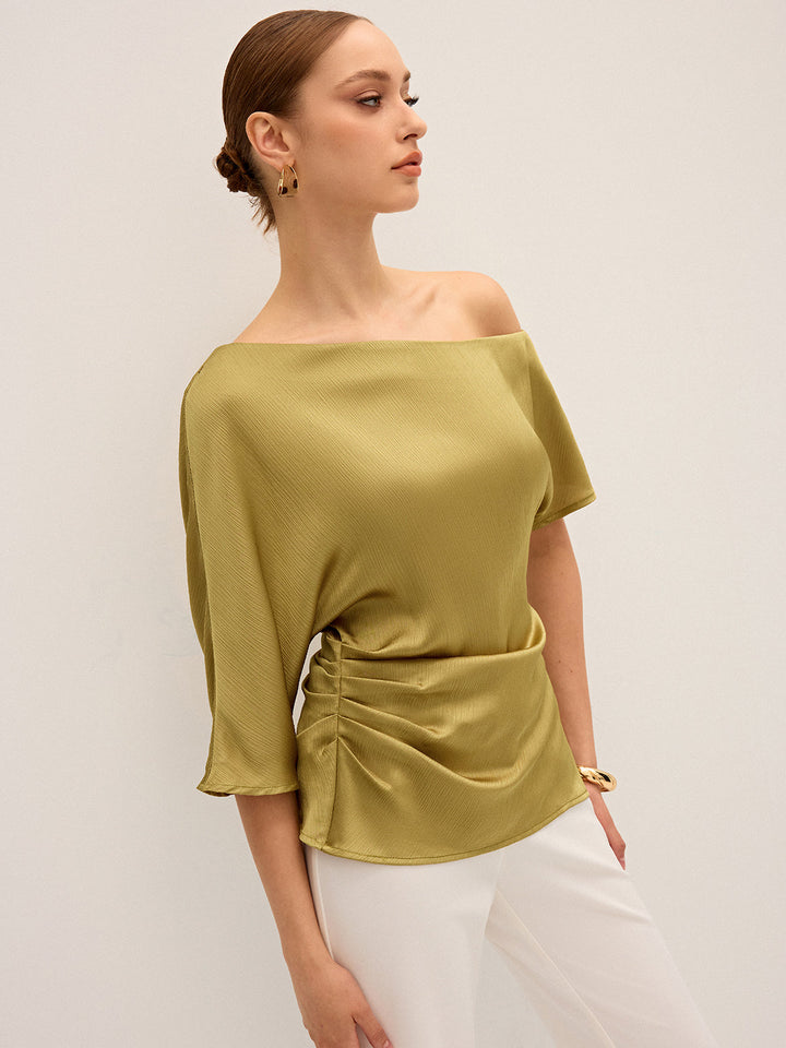 Satin One-Shoulder Ruched Top