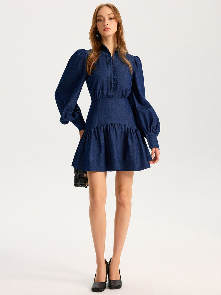 Denim Stand Collar Puff Sleeve Mini Dress