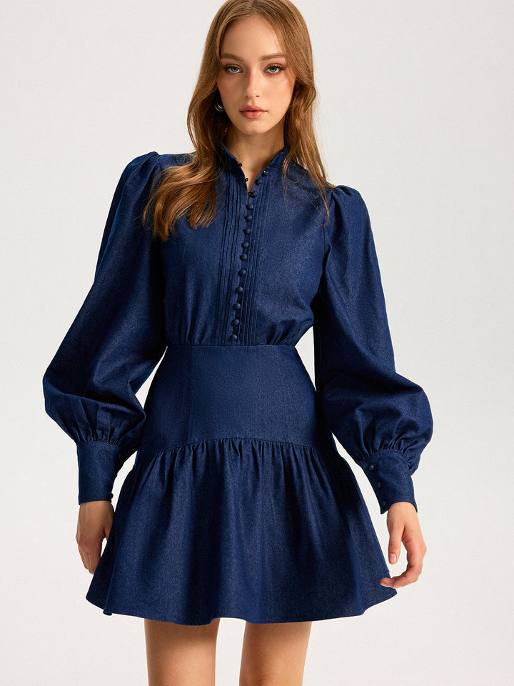 Denim Stand Collar Puff Sleeve Mini Dress