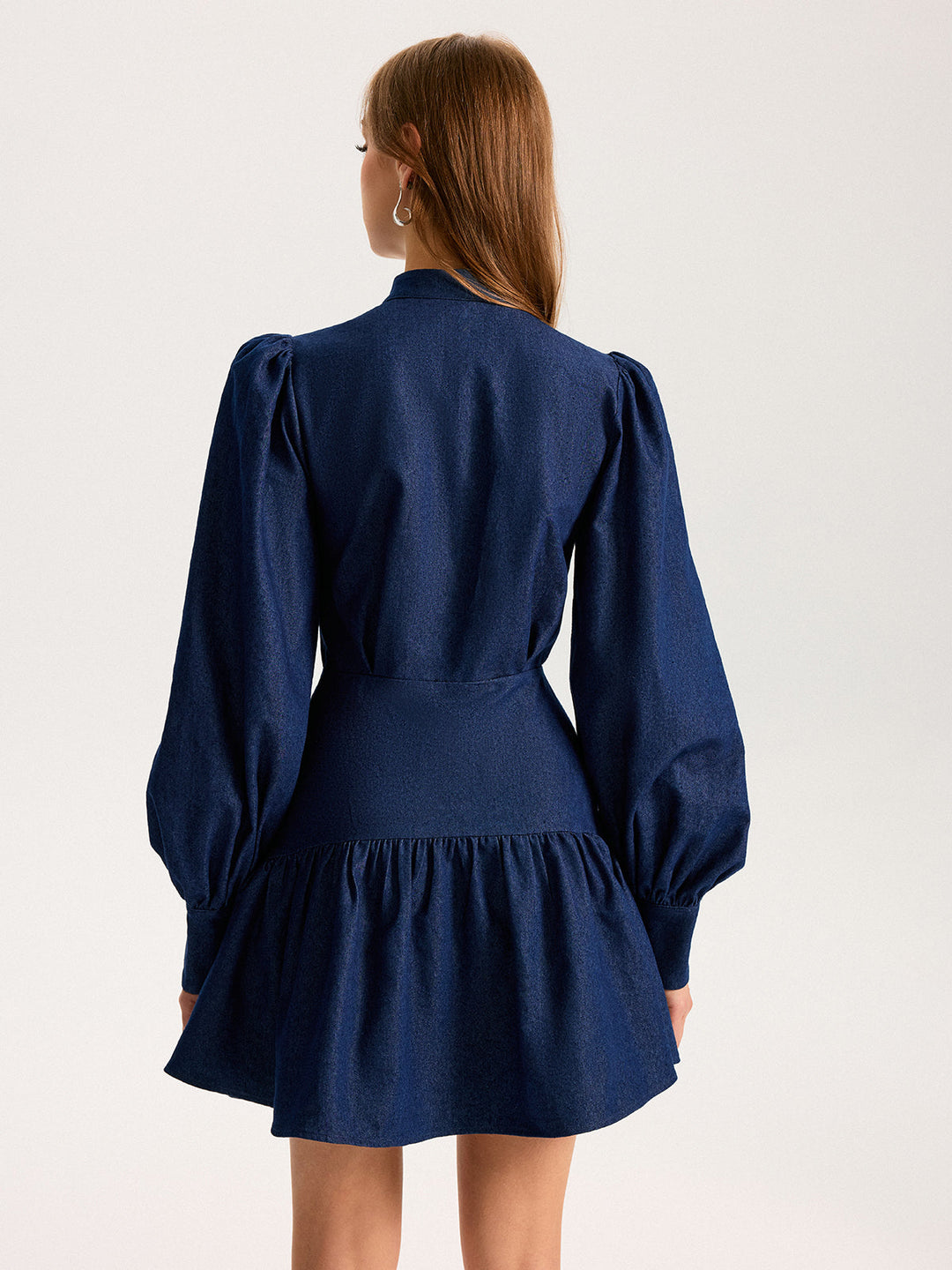 Denim Stand Collar Puff Sleeve Mini Dress