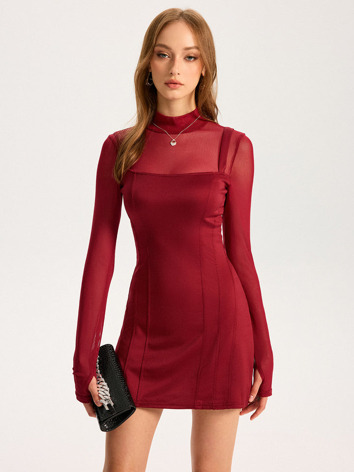Sheer Mesh Panel Mock Neck Mini Dress
