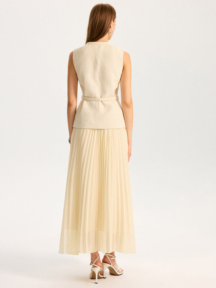 Tweed Sleeveless Vest and Pleated Maxi Skirt Set