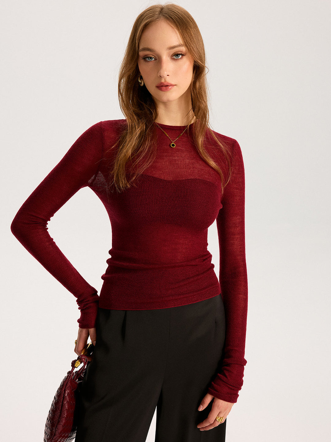 Semi-Sheer Wool-Blend Long Sleeve Knit Top
