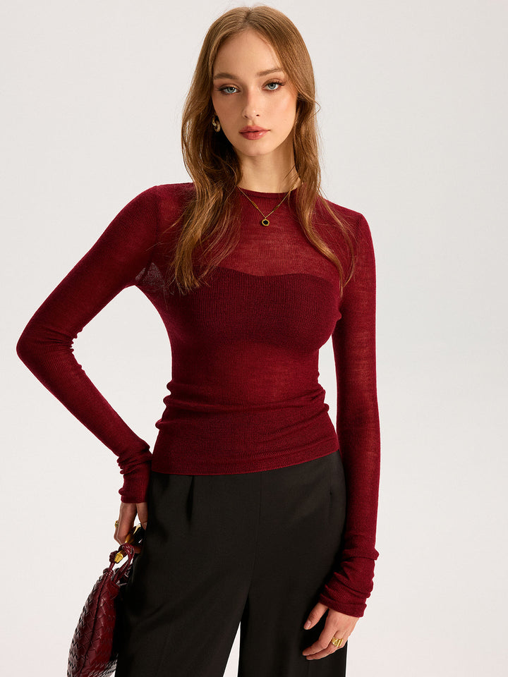 Semi-Sheer Wool-Blend Long Sleeve Knit Top