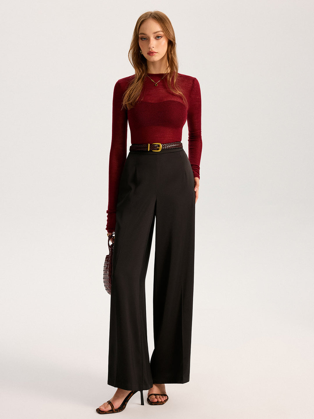 Semi-Sheer Wool-Blend Long Sleeve Knit Top