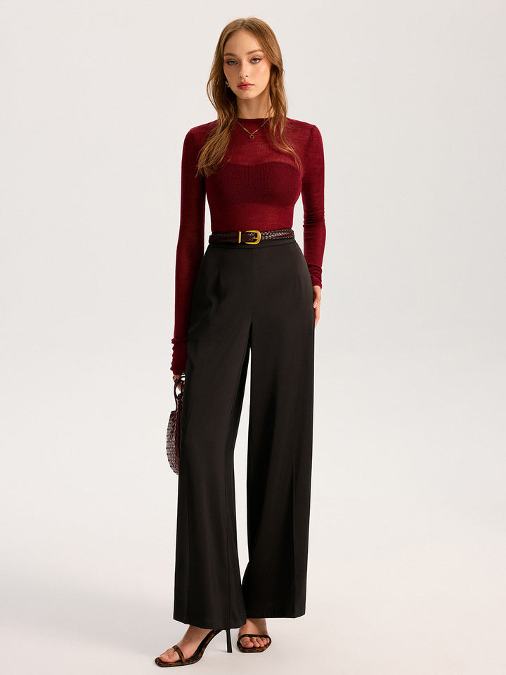 Semi-Sheer Wool-Blend Long Sleeve Knit Top