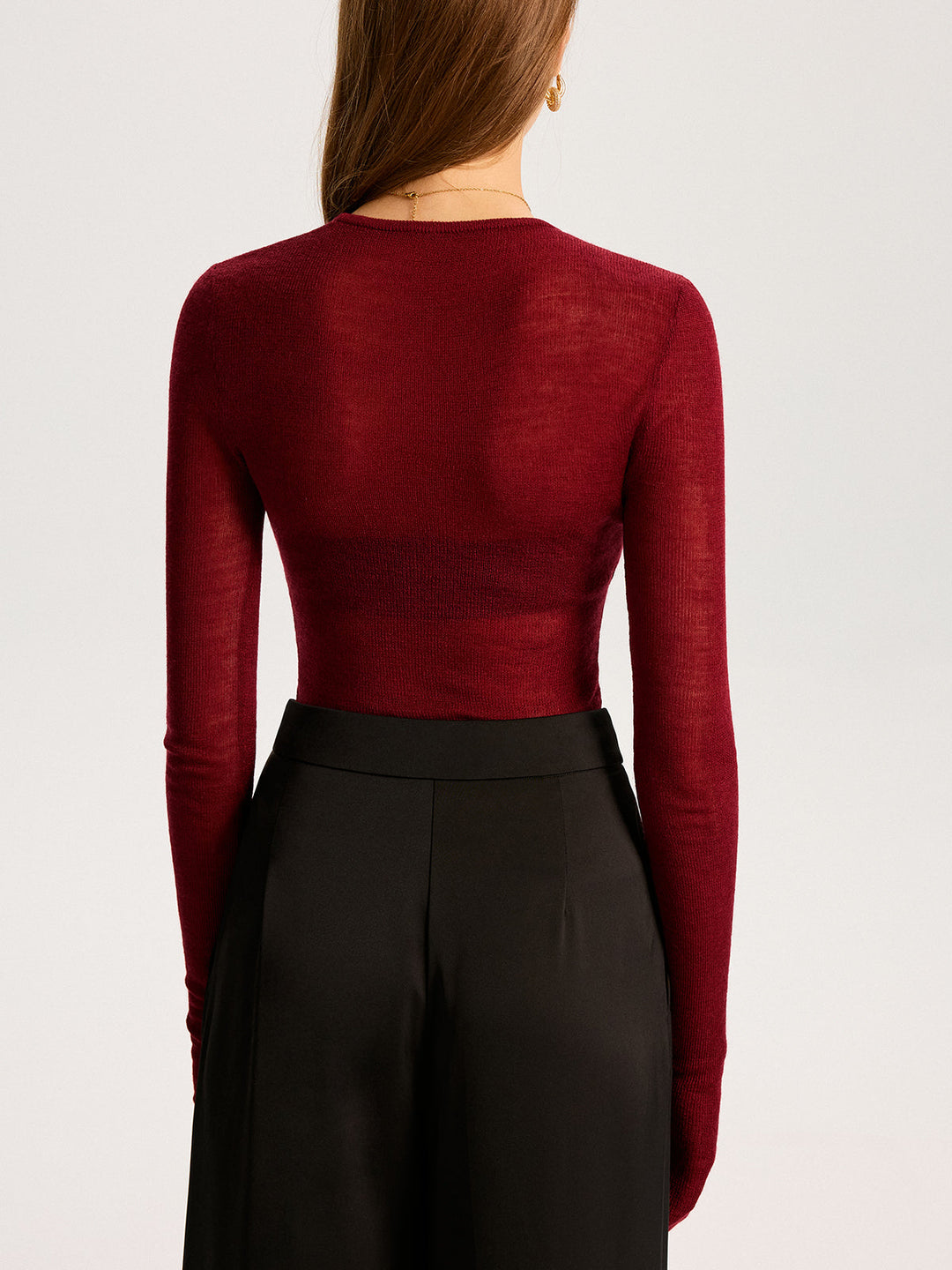 Semi-Sheer Wool-Blend Long Sleeve Knit Top