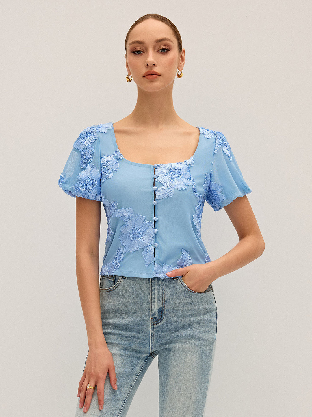 Floral Embroidered Square Neck Mesh Top