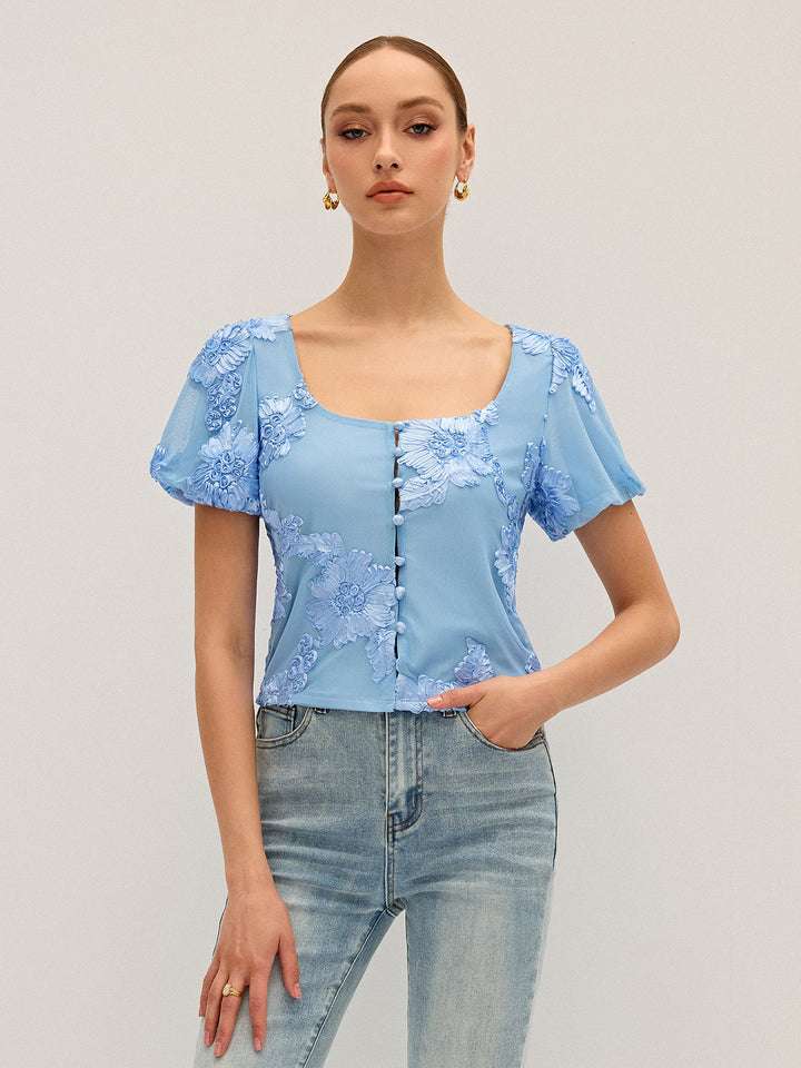 Floral Embroidered Square Neck Mesh Top