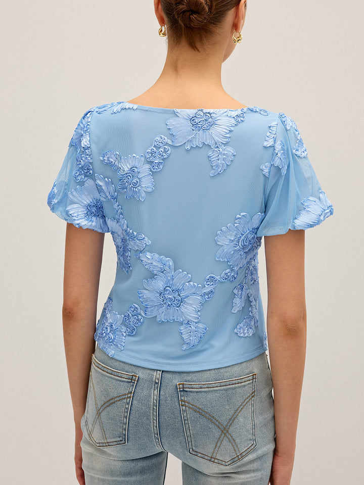 Floral Embroidered Square Neck Mesh Top