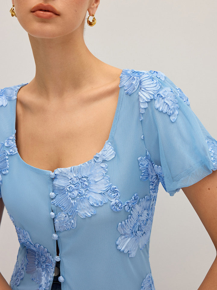 Floral Embroidered Square Neck Mesh Top