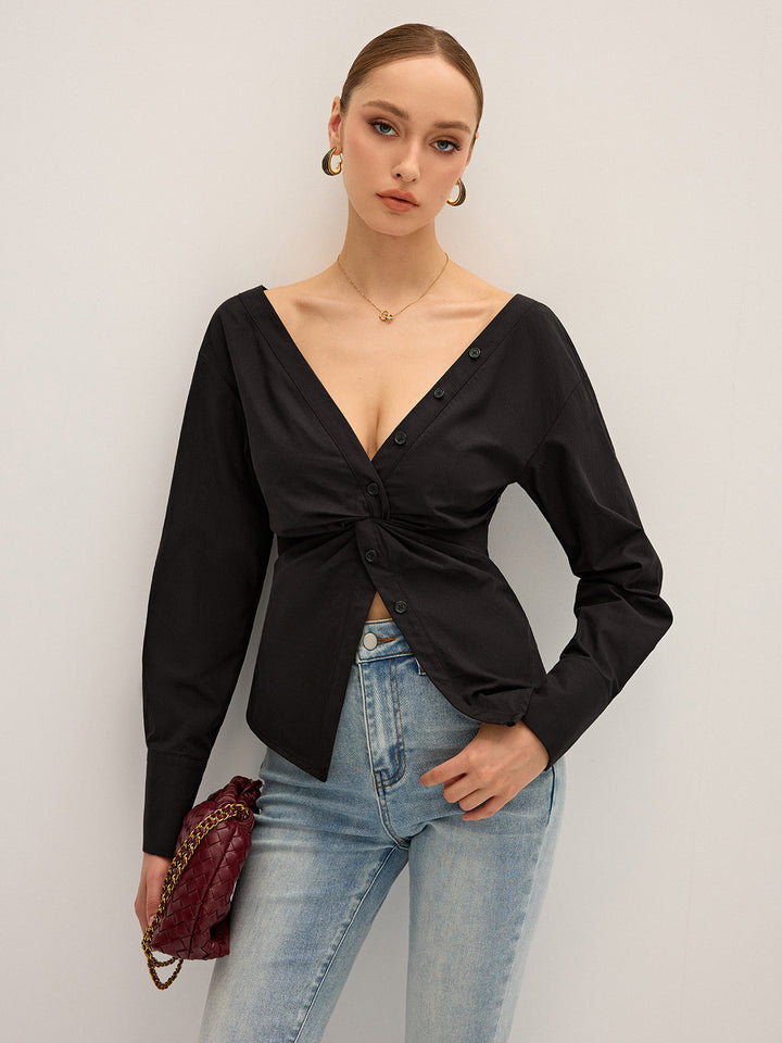Twisted Front Deep V-Neck Shirt