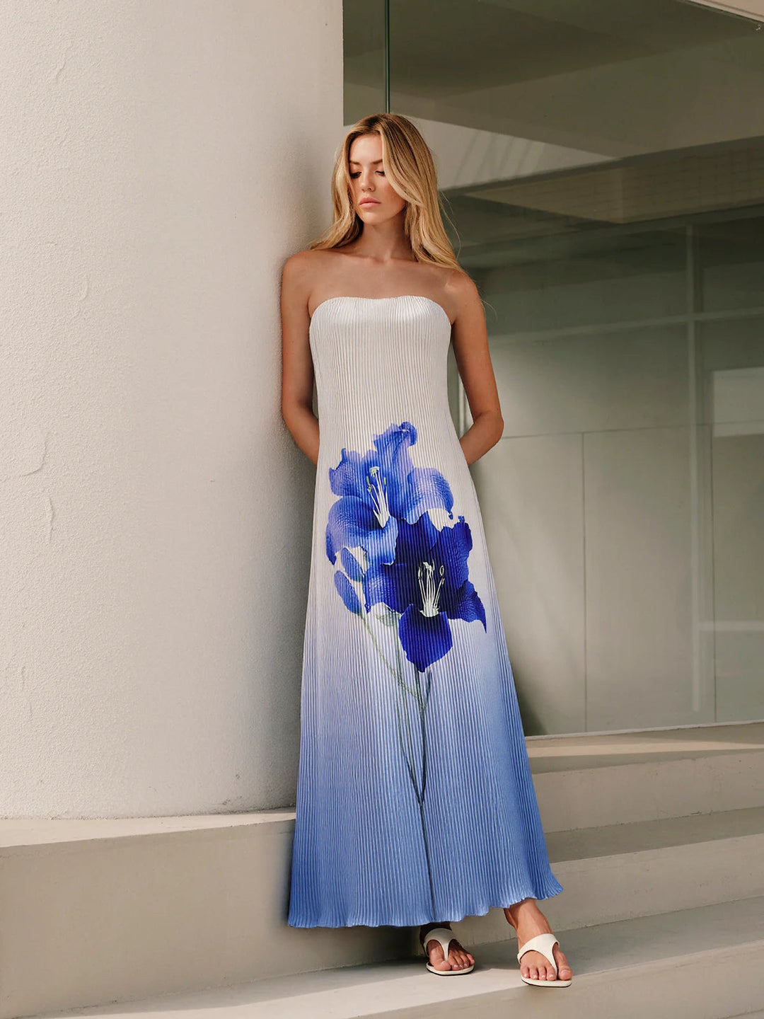 Floral Print Gradient Strapless Pleated Maxi Dress