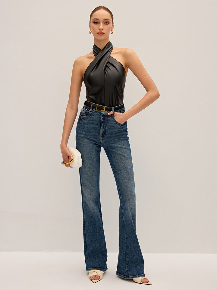 PU Leather Cross Halter Neck Top