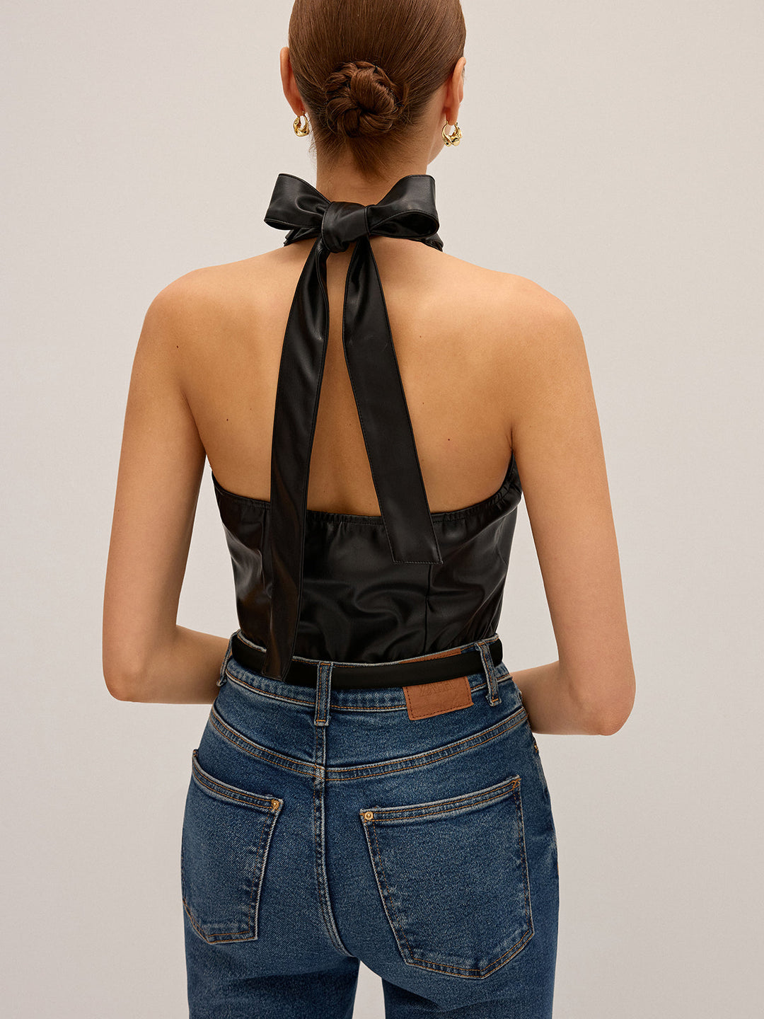 PU Leather Cross Halter Neck Top