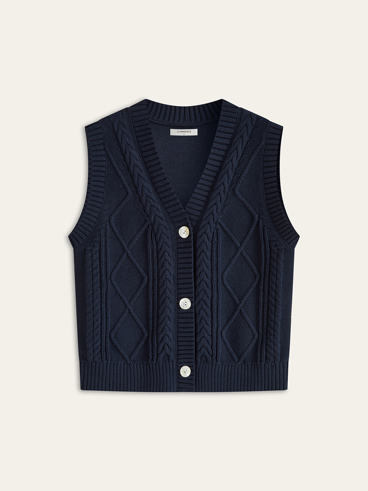 Cable-Knit Button V-Neck Vest